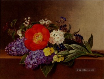  laurentz oil painting - Lilacs Violets Pansies Hawthorn Cuttings And Peonies On A Marble Ledge Johan Laurentz Jensen flower